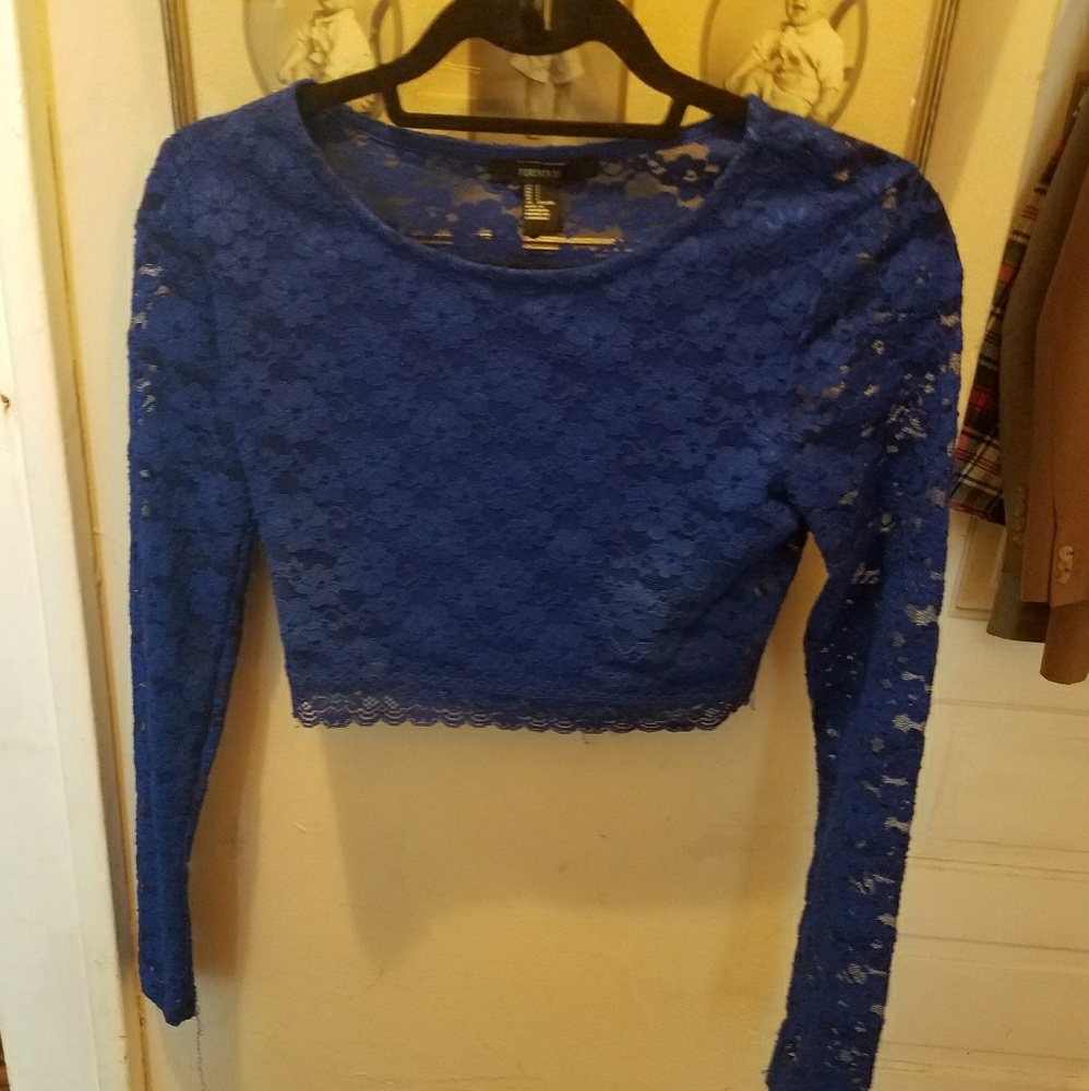 Cobalt lace long sleeve crop top